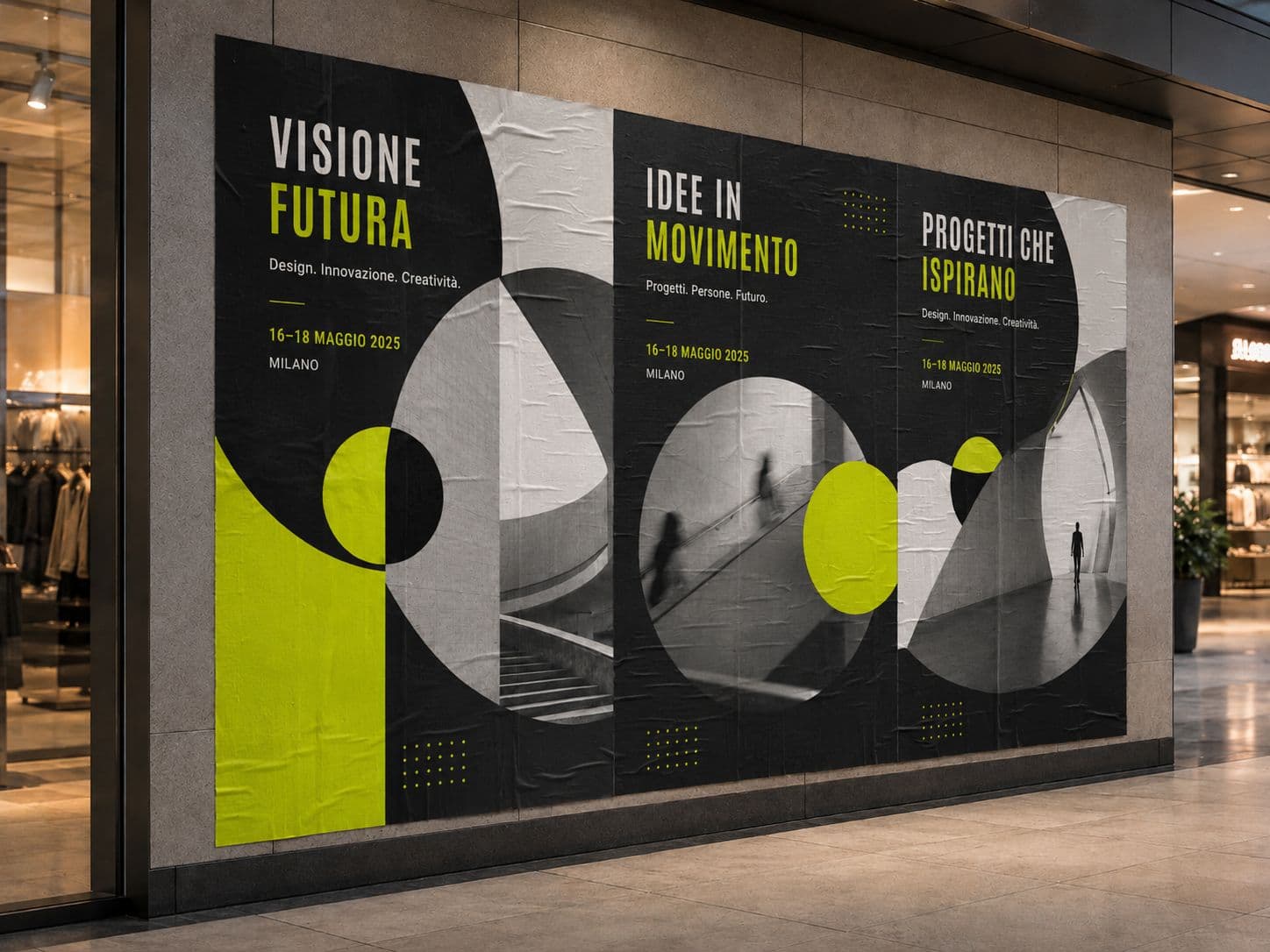 Manifesti di grande formato affissi in uno spazio commerciale