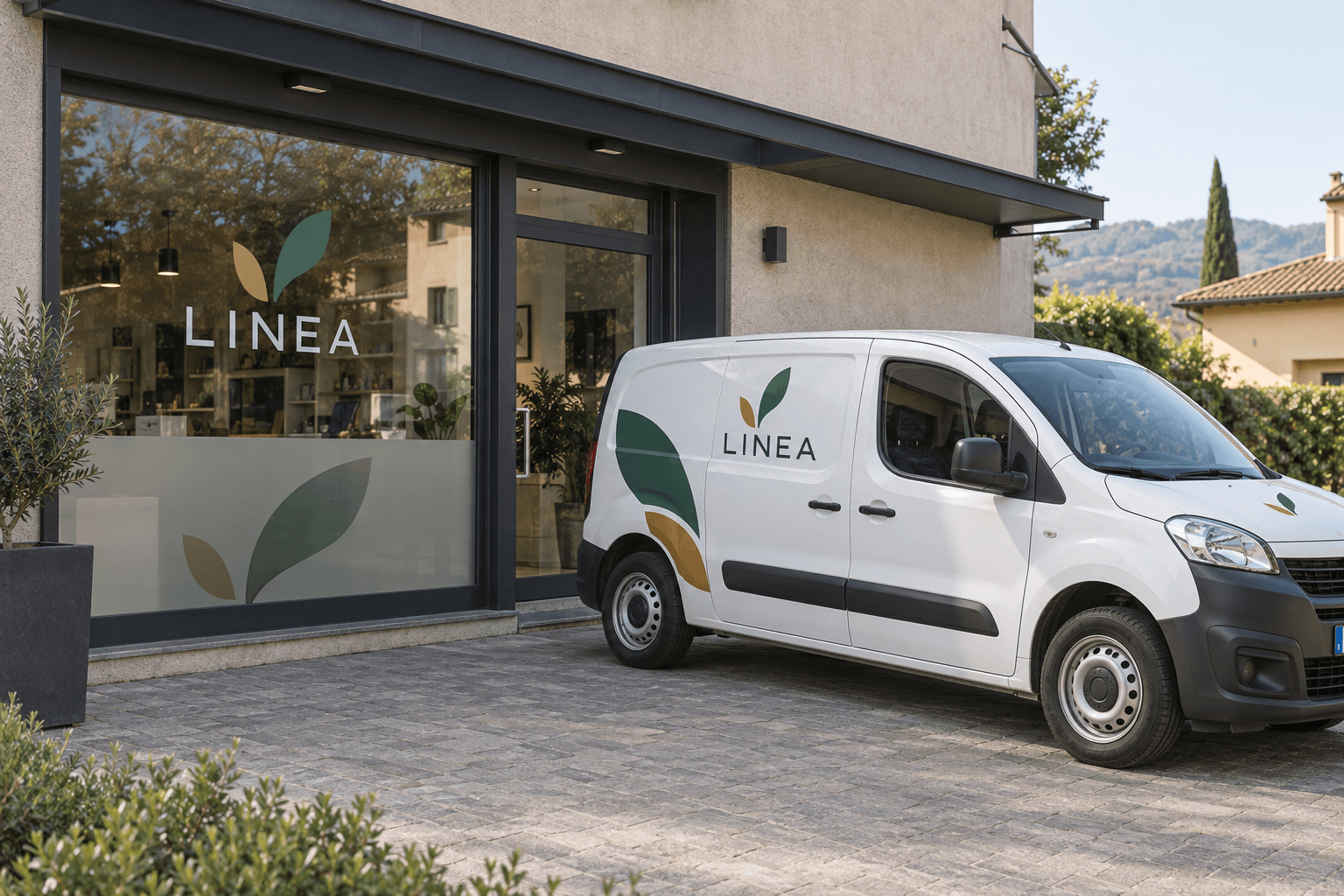 Esempio illustrativo di vetrina con vetrofanie e furgone aziendale con grafica coordinata