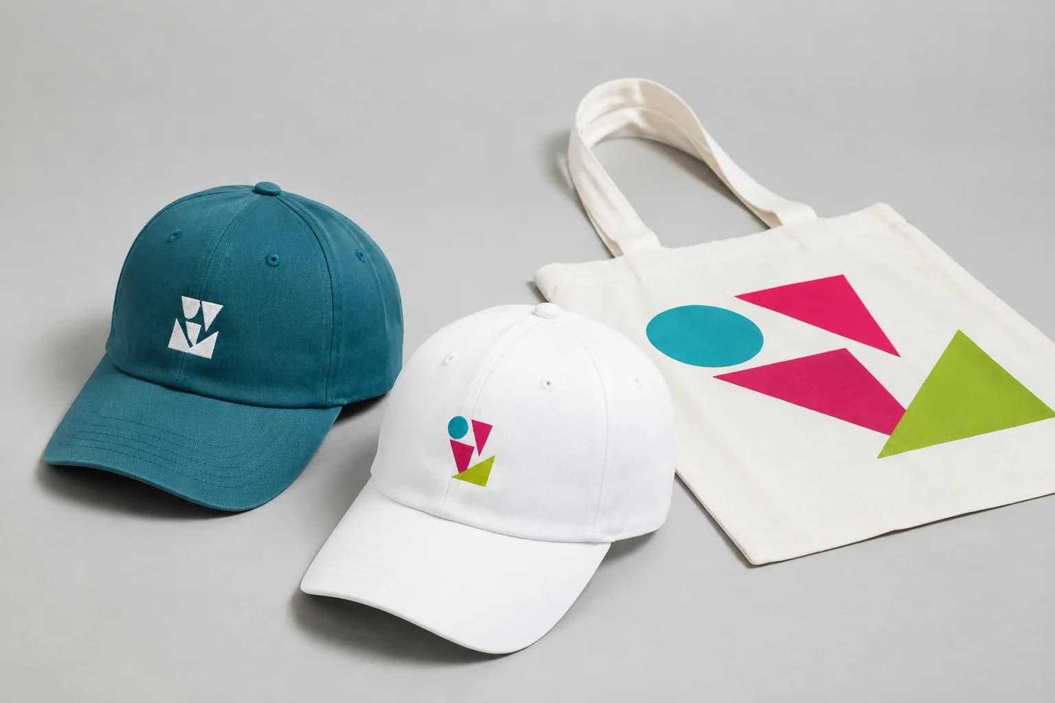 Esempio illustrativo di cappellini personalizzati e shopper in cotone con grafica a colori