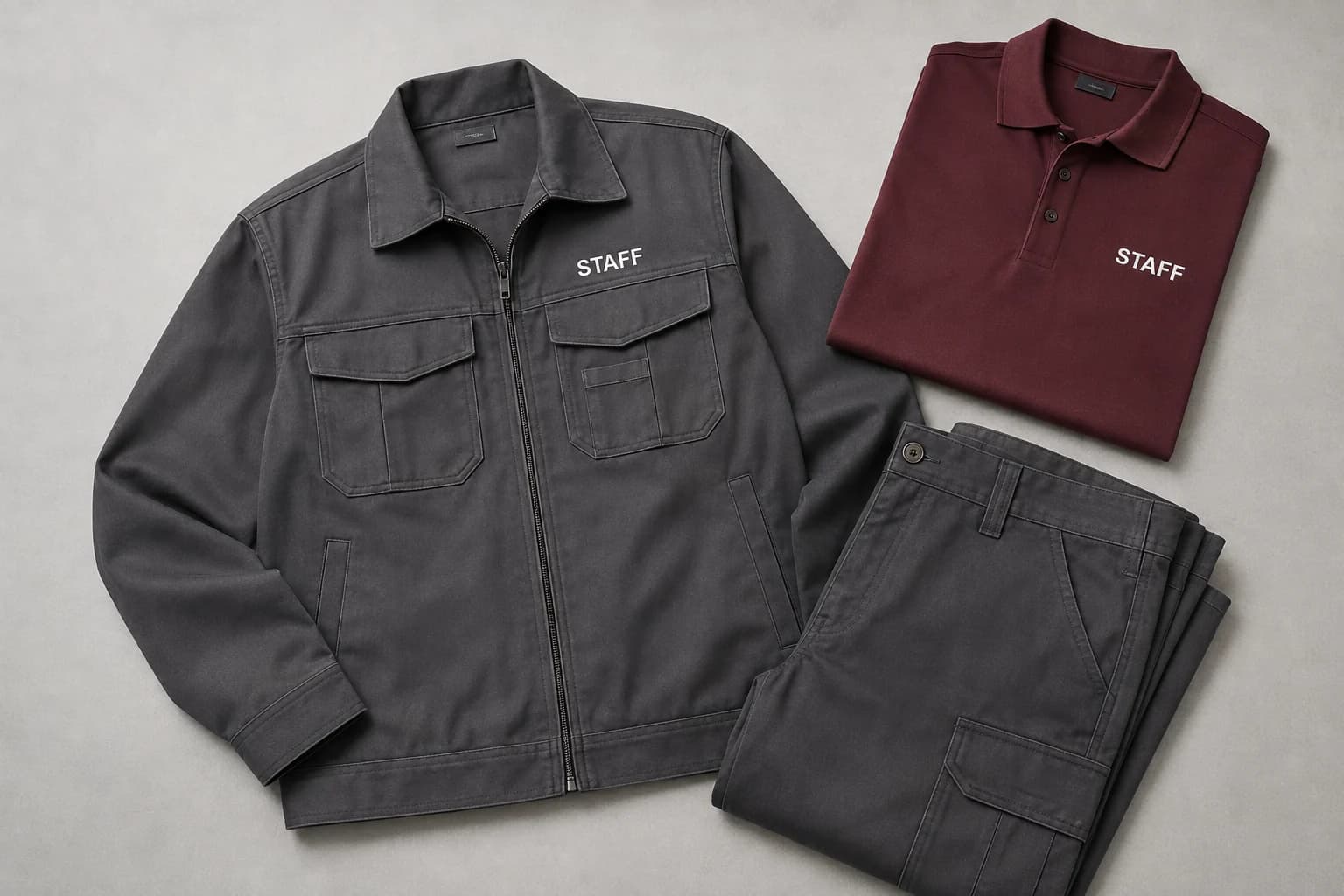 Esempio illustrativo di giacca, pantaloni da lavoro e polo personalizzata per il personale
