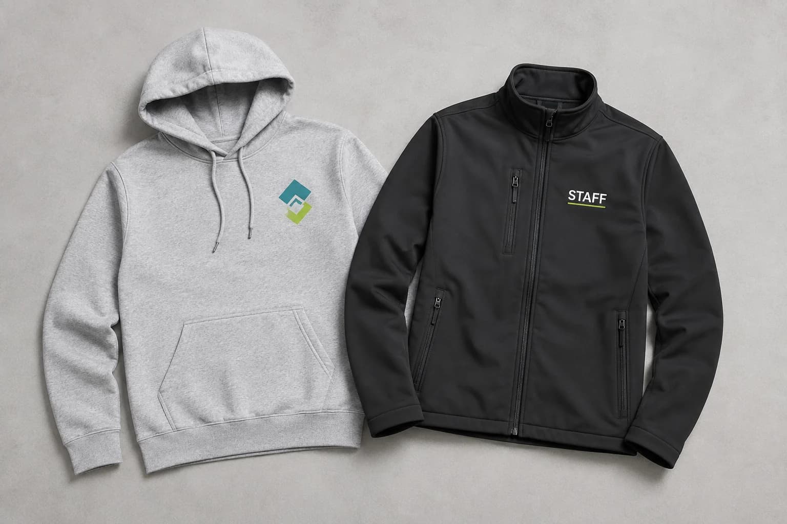 Esempio illustrativo di felpa con cappuccio stampata e giacca softshell personalizzata