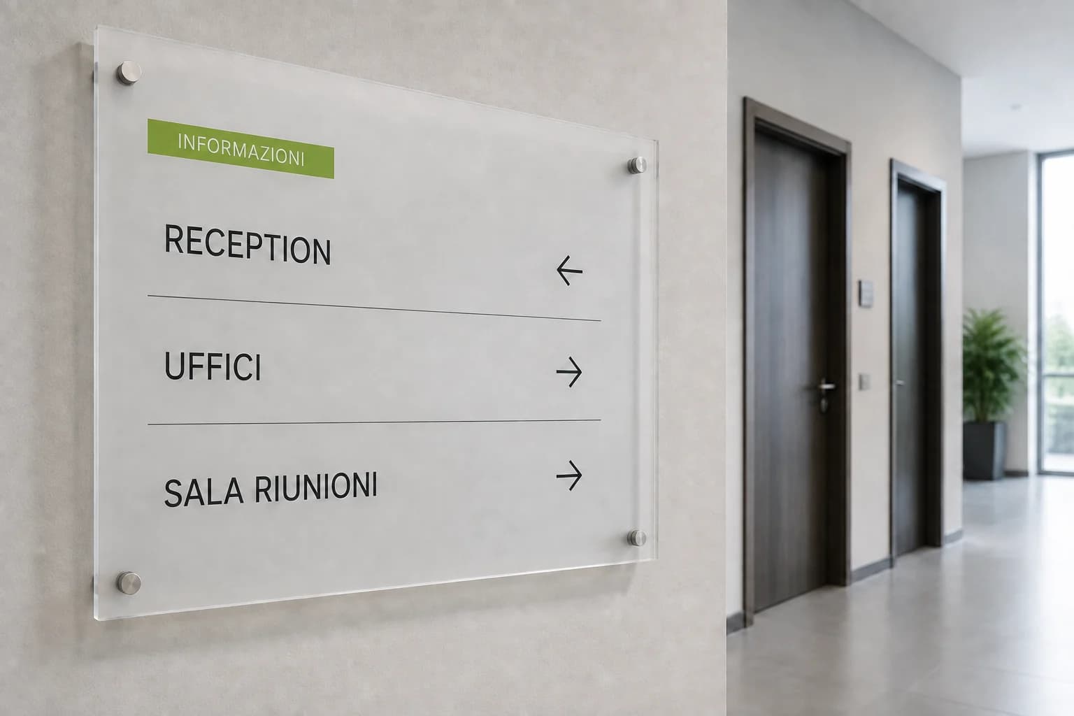Esempio illustrativo di pannello direzionale con indicazioni per reception, uffici e sala riunioni