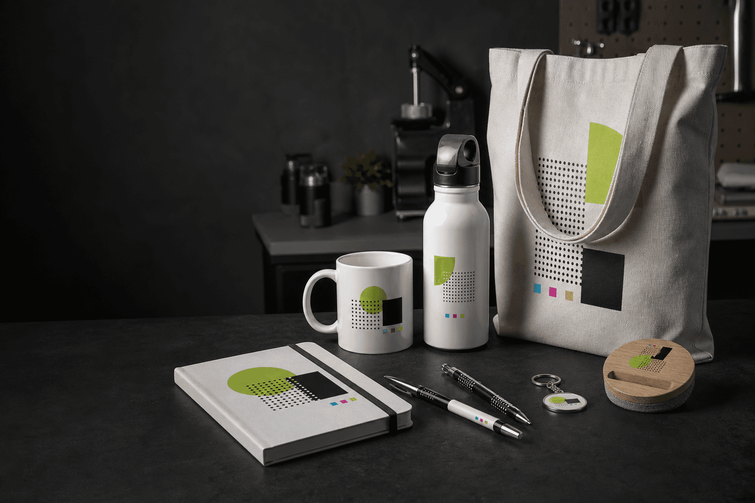 Assortimento di gadget e articoli promozionali personalizzati