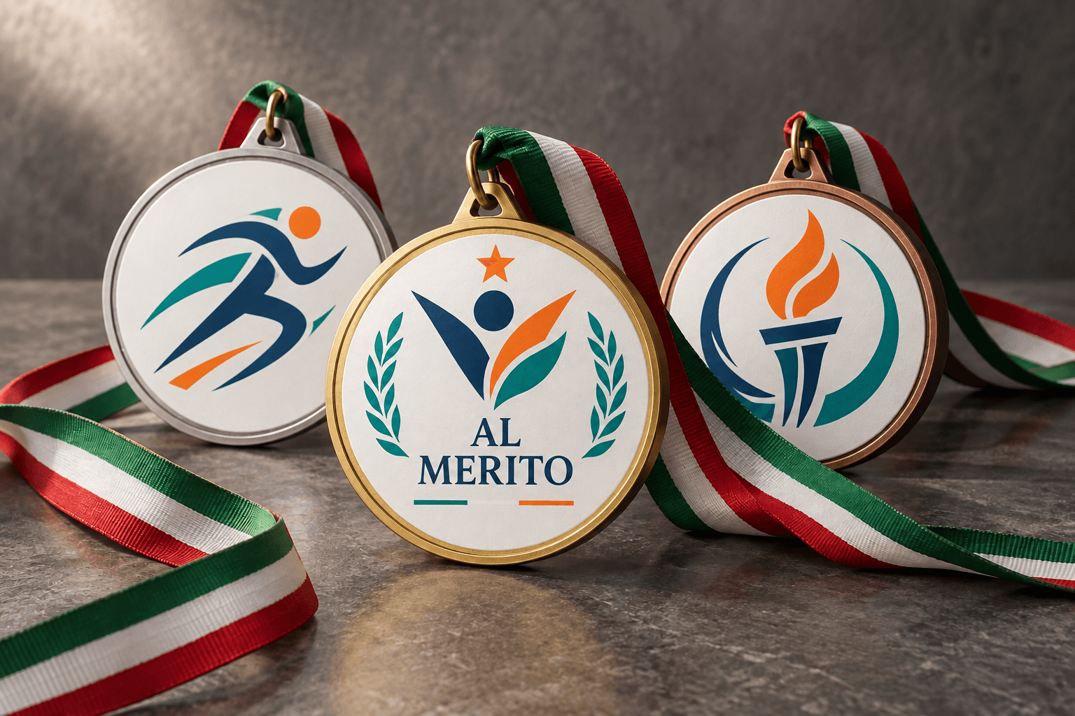 Esempio illustrativo di medaglie personalizzate con nastrini tricolore