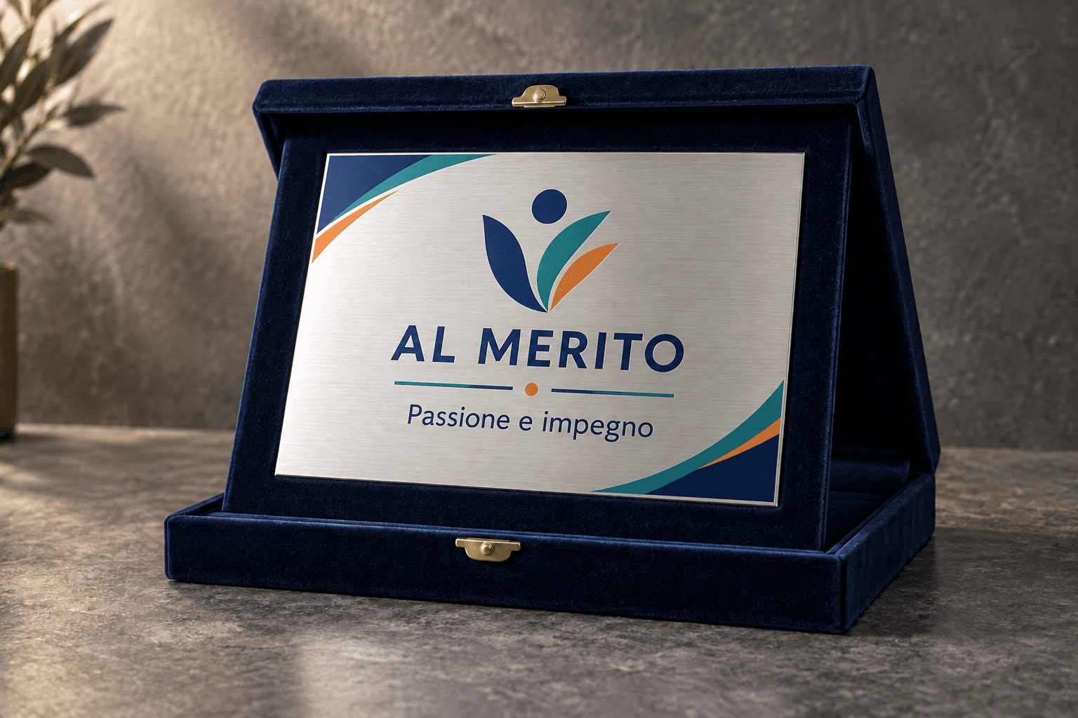 Esempio illustrativo di targa per premiazioni in astuccio blu