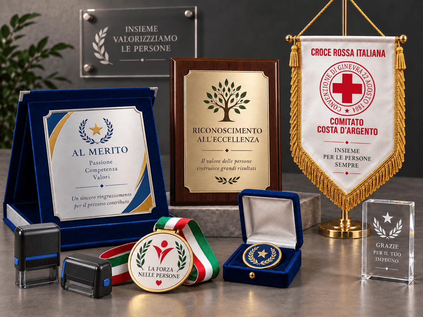 Composizione illustrativa di targhe con astuccio, medaglie e gagliardetti per premiazioni