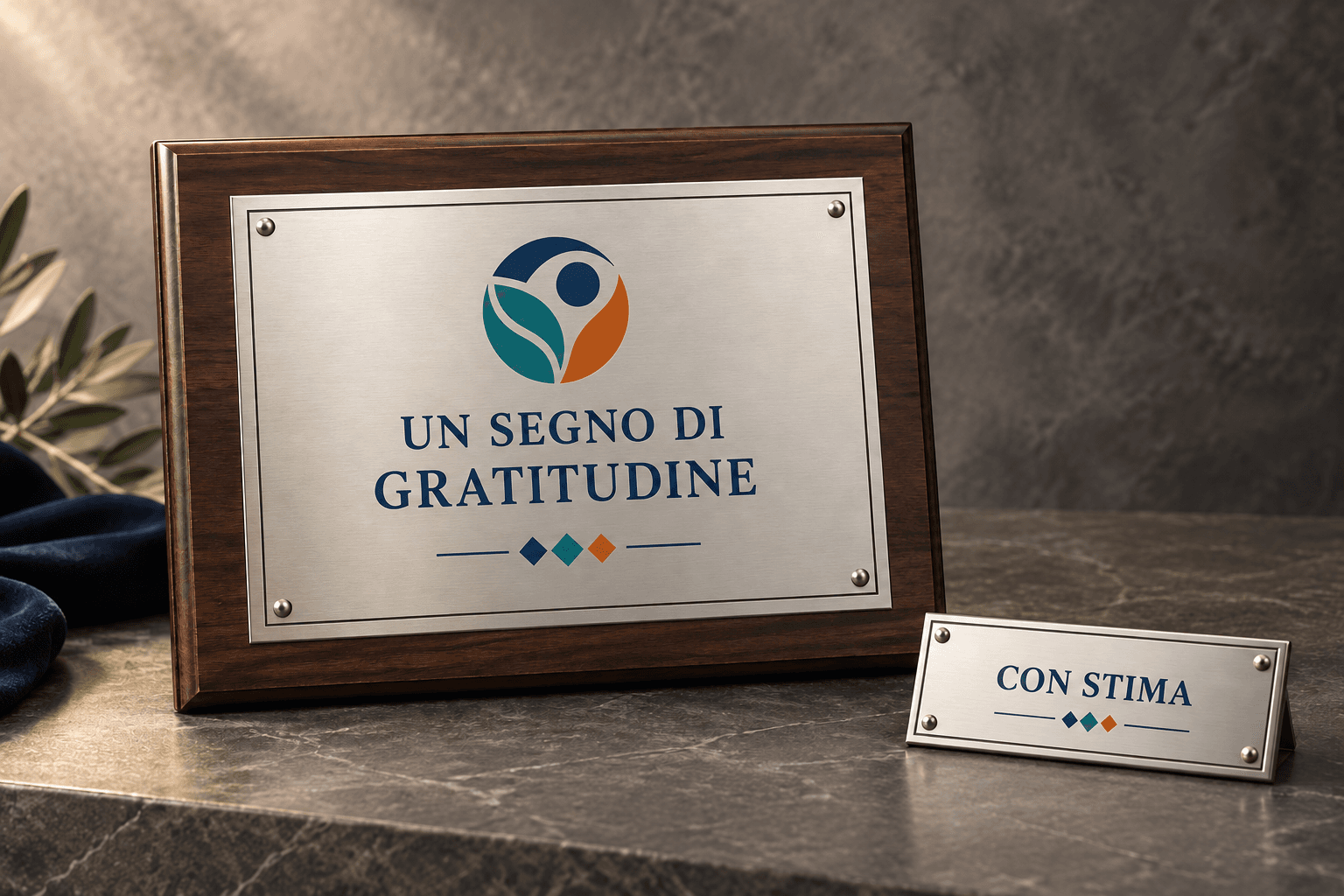 Esempio illustrativo di targa commemorativa e targhetta personalizzata