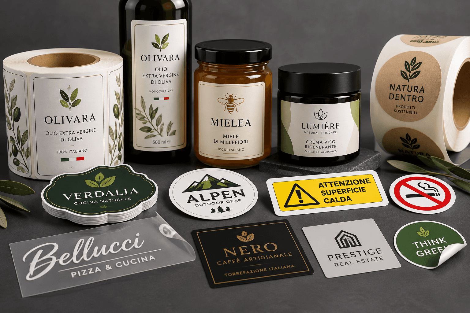 Etichette in bobina, adesivi sagomati e scritte prespaziate per prodotti e packaging